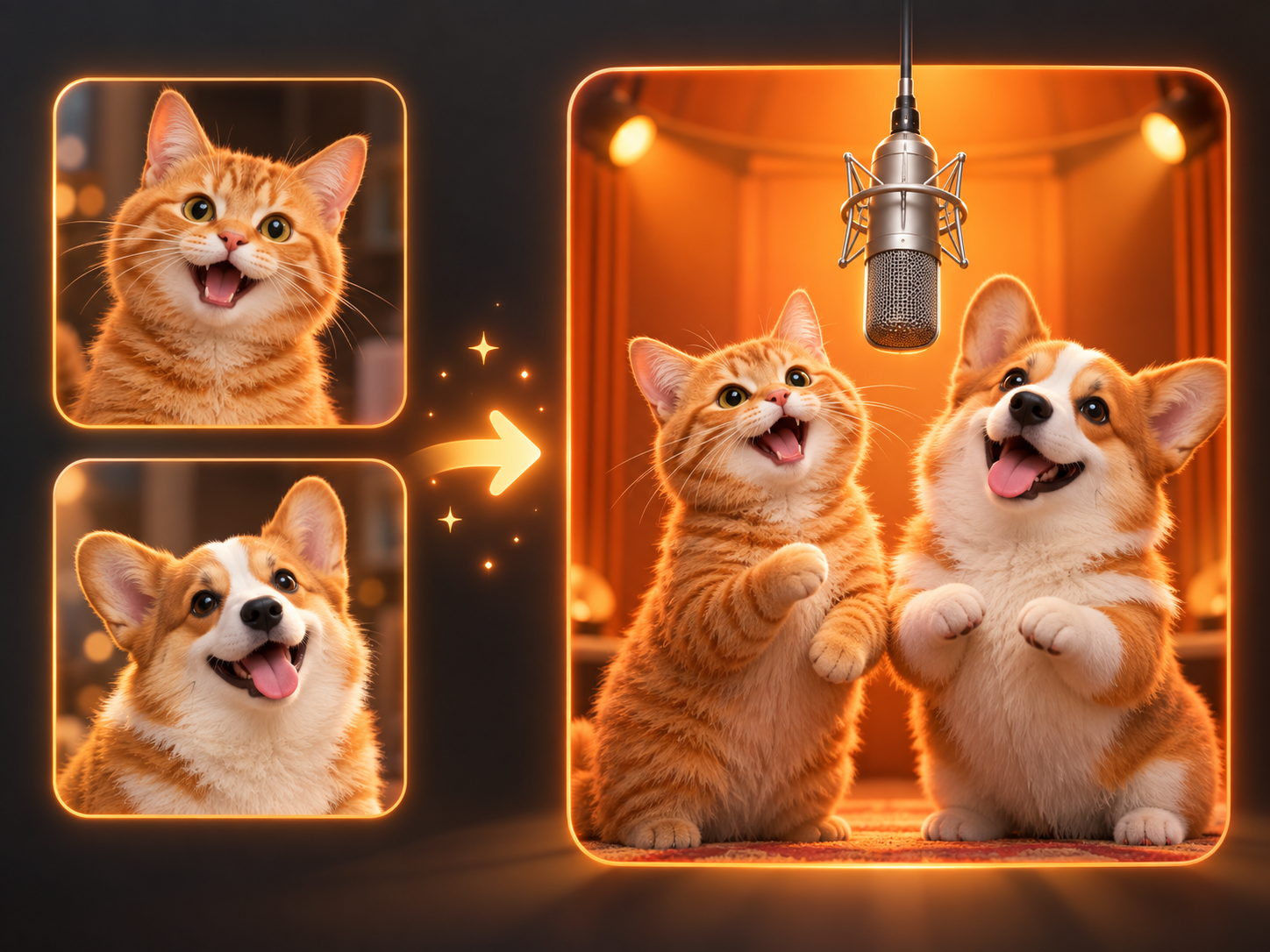 Two pet portraits transform into an orange recording-booth duet video.